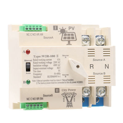 AC220V PV ηλιακός DIN ραγών 2P 63A ATS διπλός διακόπτης μεταφοράς δύναμης αυτόματος